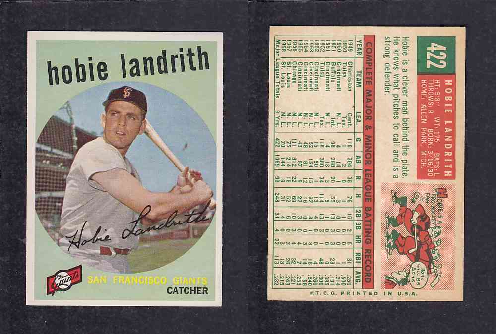 1959 TOPPS BASEBALL CARD #422   H. LANDRITH photo