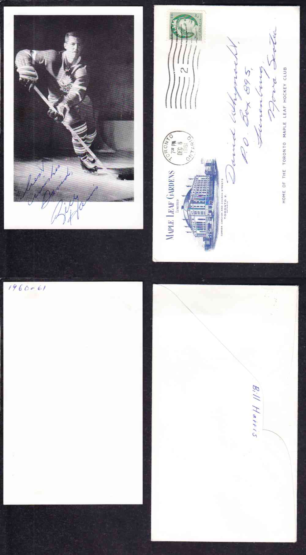 1960 'S TORONTO MAPLE LEAFS B.HARRIS  AUTOGRAPHED POST CARD photo