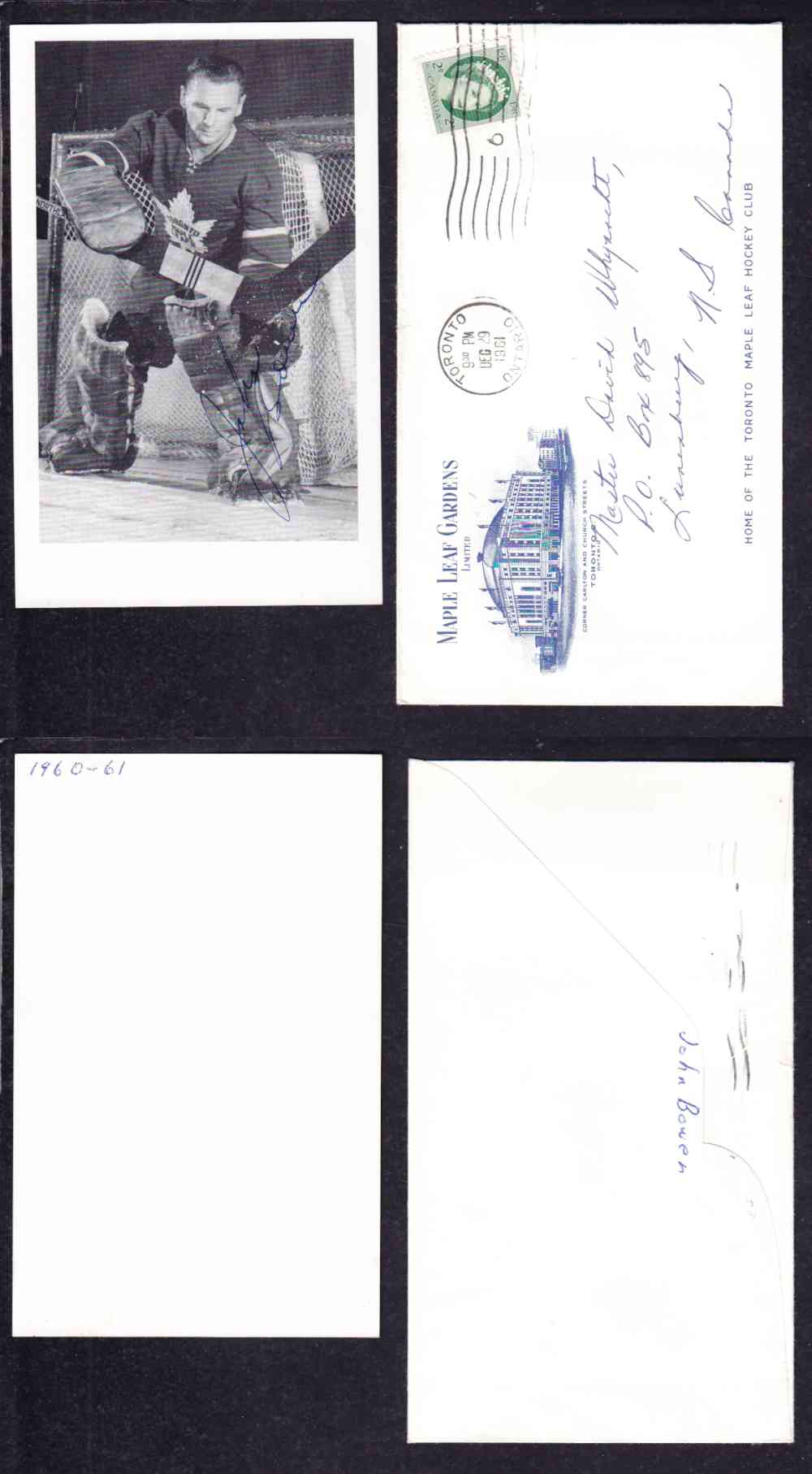 1960 'S TORONTO MAPLE LEAFS J.BOWER  AUTOGRAPHED POST CARD photo