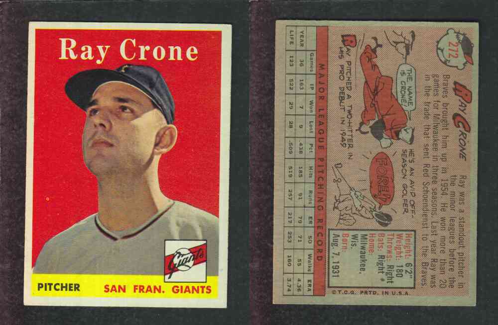 1958 TOPPS BASEBALL CARD #272 R. CRONE photo