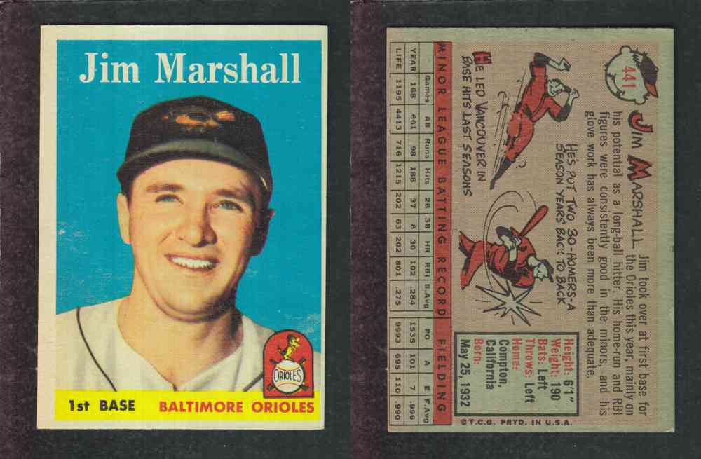 1958 TOPPS BASEBALL CARD #441 J. MARSHALL photo