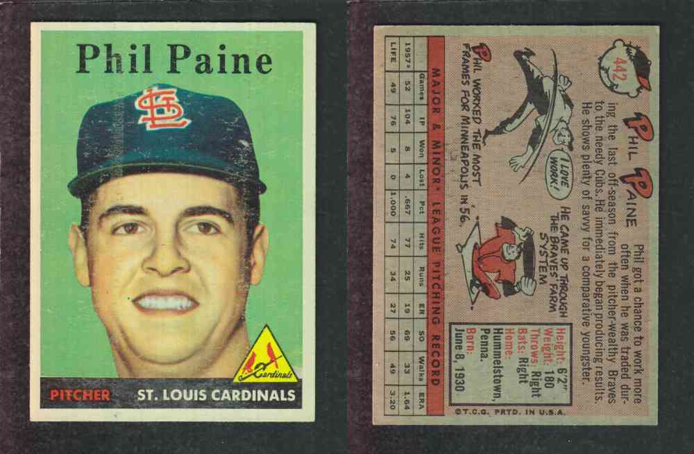 1958 TOPPS BASEBALL CARD #442 P. PAINE photo