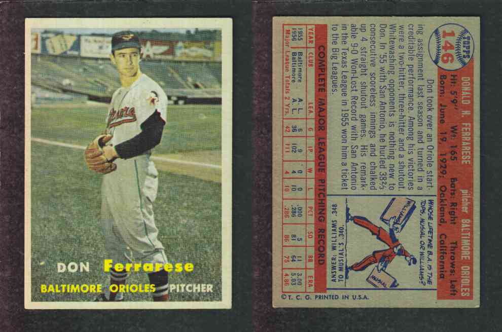 1957 TOPPS BASEBALL CARD #146 D. FERRARESE photo