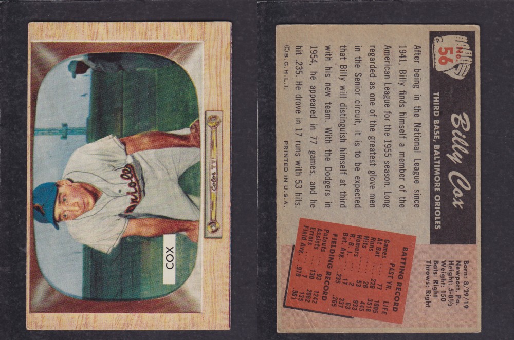 1955 BOWMAN BASEBALL CARD #56 B. COX photo