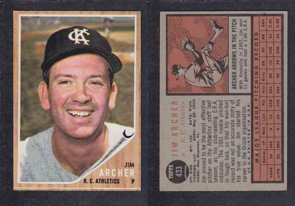 1962  TOPPS BASEBALL CARD #433  J. ARCHER photo