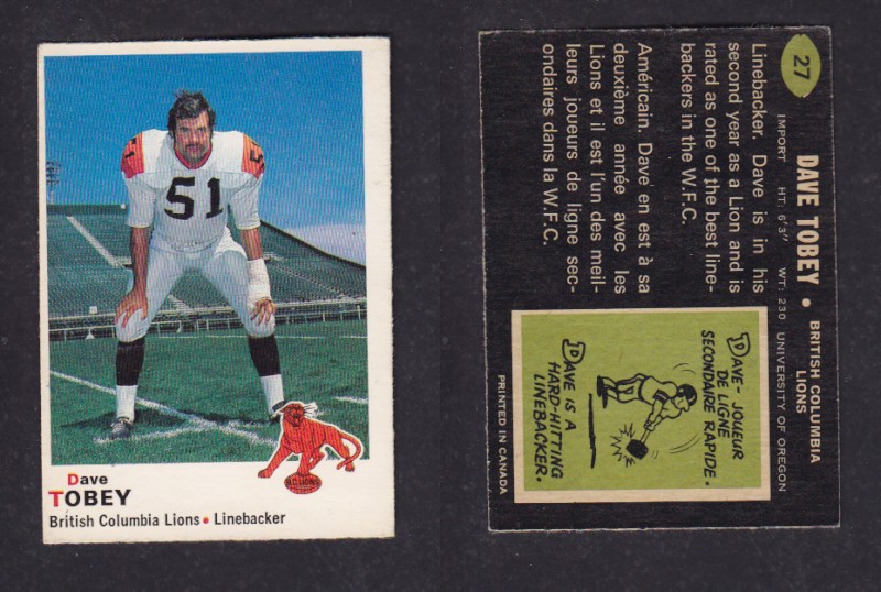 1970 CFL O-PEE-CHEE FOOTBALL CARD #27 D. TOBEY photo