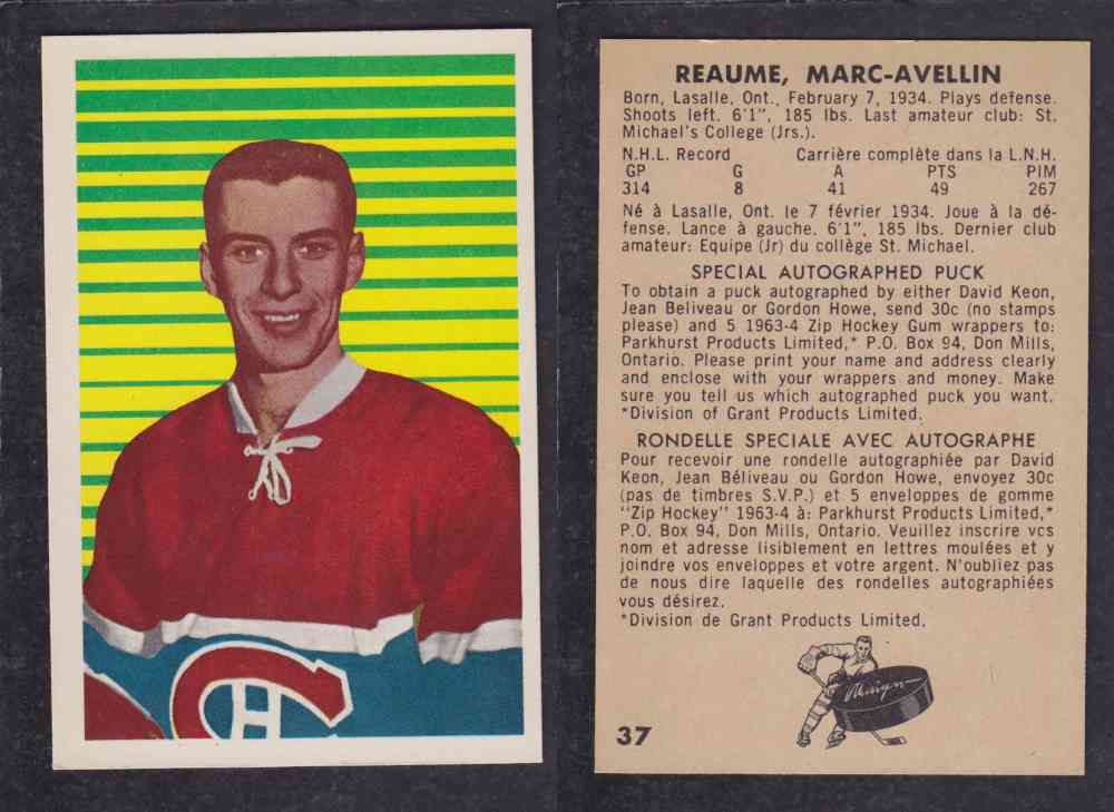 1963-64 PARKURST HOCKEY CARD #37 M. REAUME photo