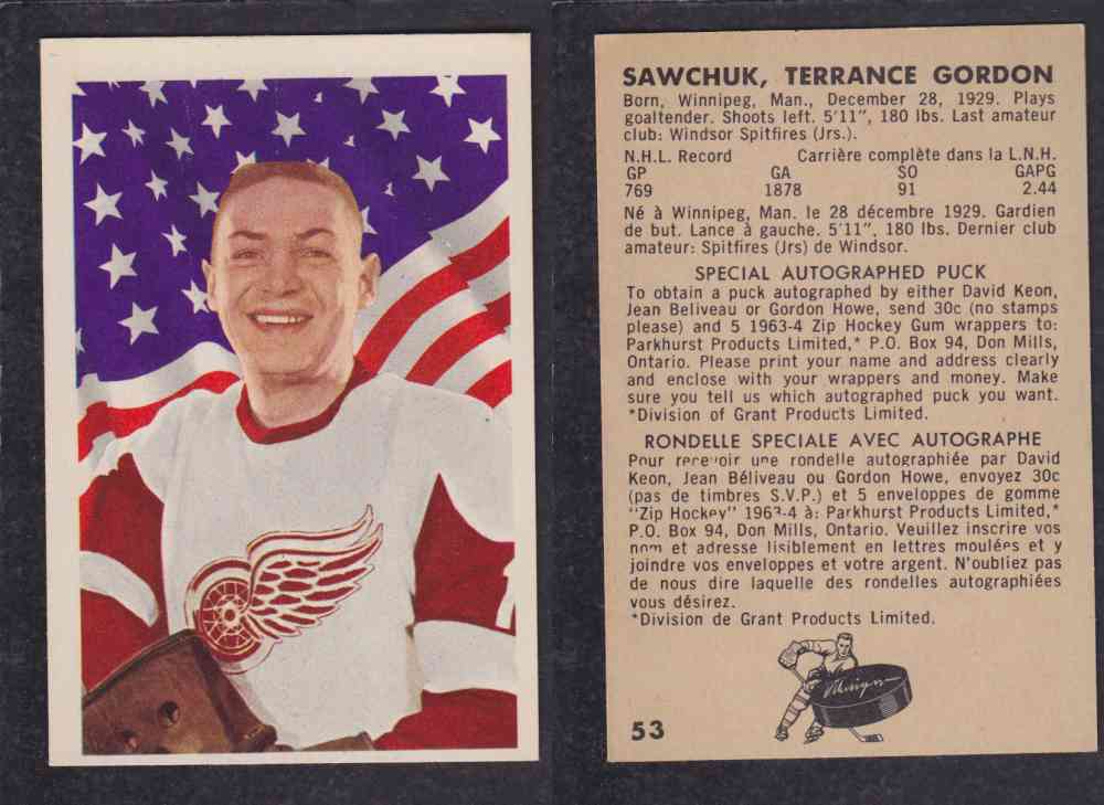 1963-64 PARKURST HOCKEY CARD #53 T. SAWCHUK photo