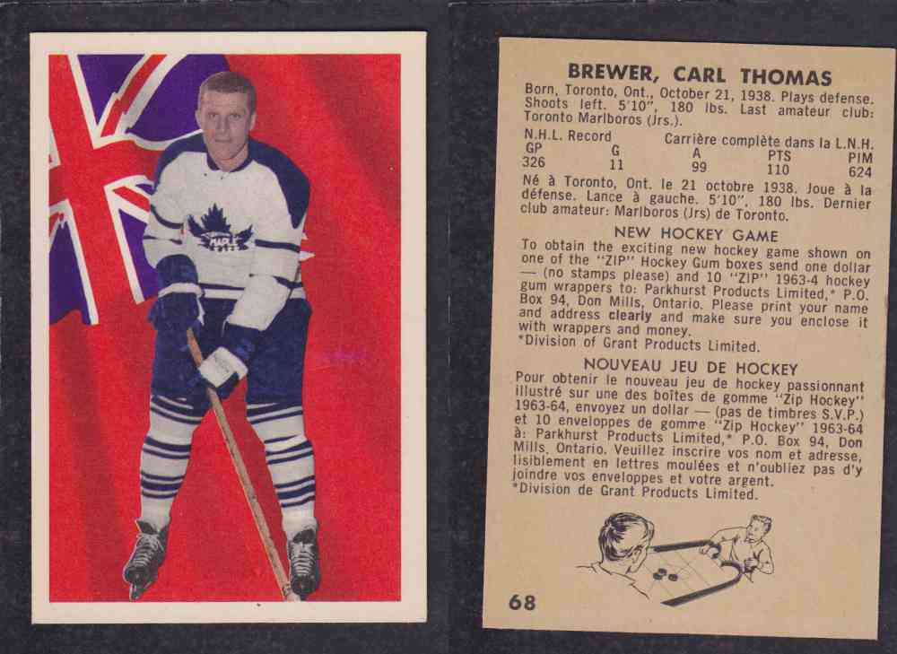 1963-64 PARKURST HOCKEY CARD #68 C. BREWER photo