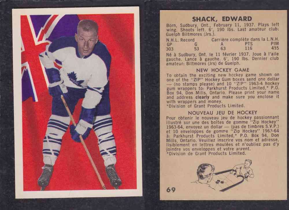 1963-64 PARKURST HOCKEY CARD #69 E. SHACK photo