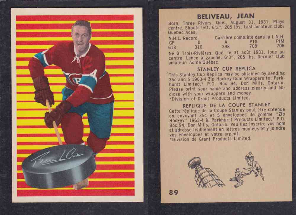 1963-64 PARKURST HOCKEY CARD #89 J. BELIVEAU photo