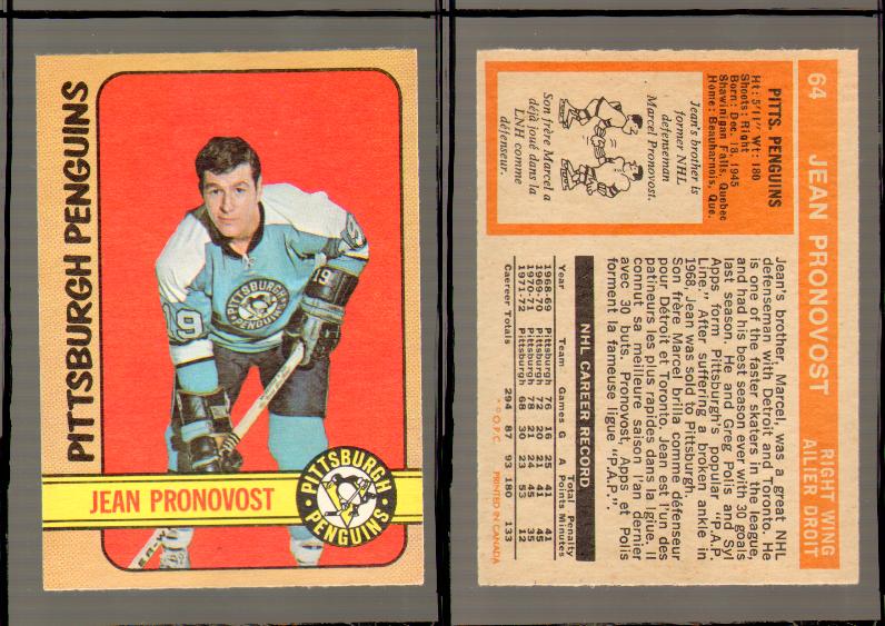 1972-73 O-PEE-CHEE HOCKEY CARD #64 J.PRONOVOST photo
