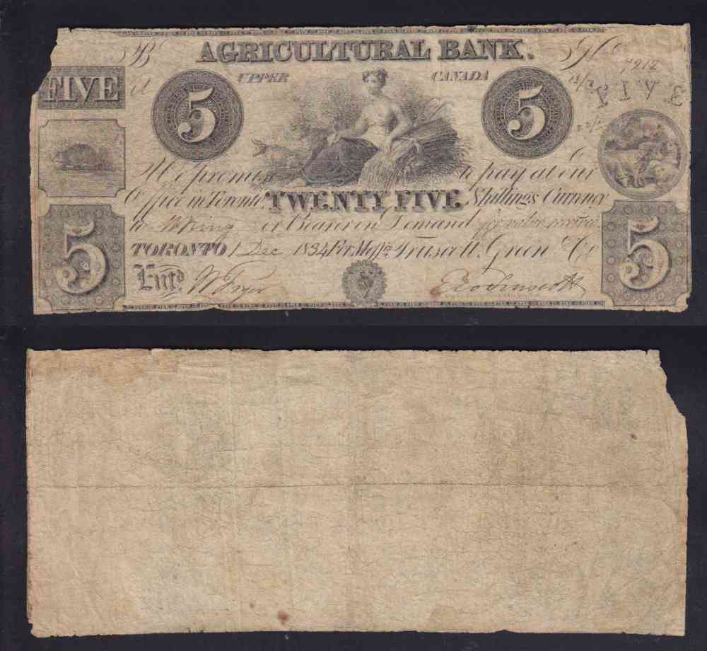 1834 CANADA AGRICULTURAL BANK 5$ DOLLAR CHARTERED BANK NOTE photo 1834 CANADA AGRICULTURAL BANK 5$ DOLLAR CHARTERED BANK NOTE photo
