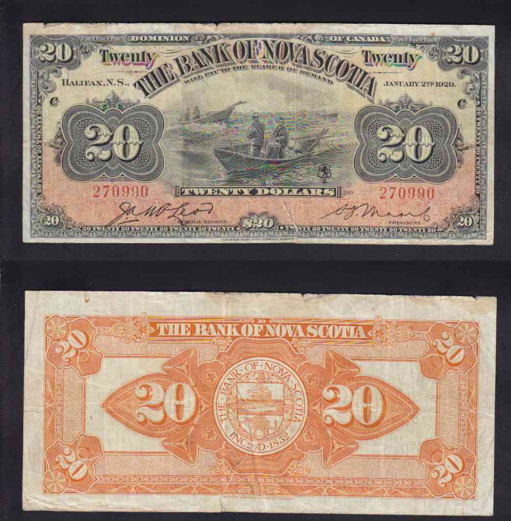 1929 CANADA 20$ DOLLAR BANK OF NOVA SCOTIA CHARTERED BANK NOTE photo