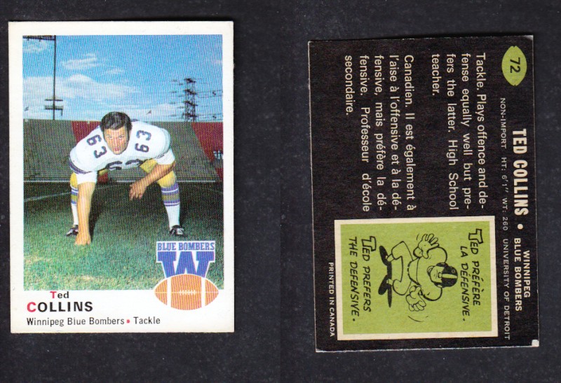 1970 CFL O-PEE-CHEE FOOTBALL CARD #72 T. COLLINS photo