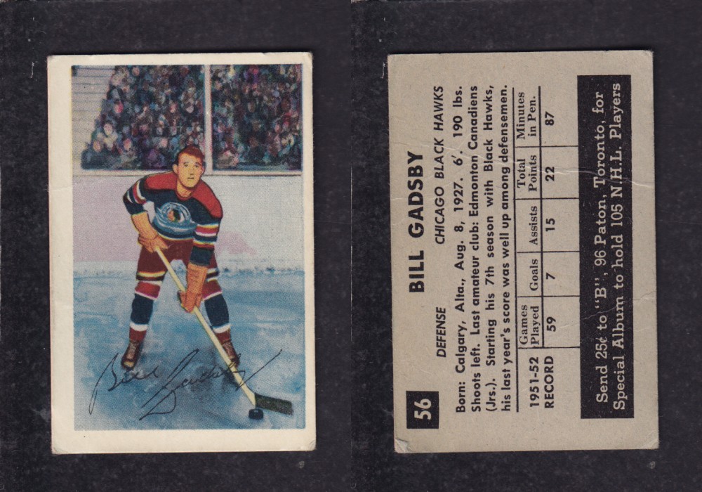 1952-53 PARKHURST HOCKEY CARD #56 B. GADSBY photo