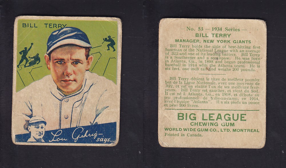 1934 WORLD WIDE GUM CANADIAN GOUDEY BASEBALL CARD #53 B. TERRY photo