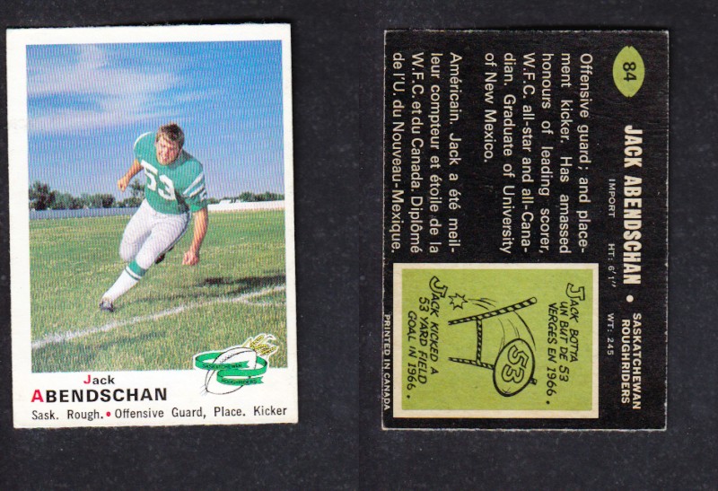 1970 CFL O-PEE-CHEE FOOTBALL CARD #84 J. ABENDSCHAN photo