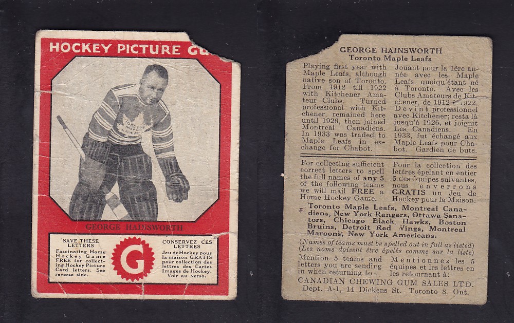 1933-34 CANADIAN CHEWING GUM HOCKEY CARD G. HAINSWORTH photo