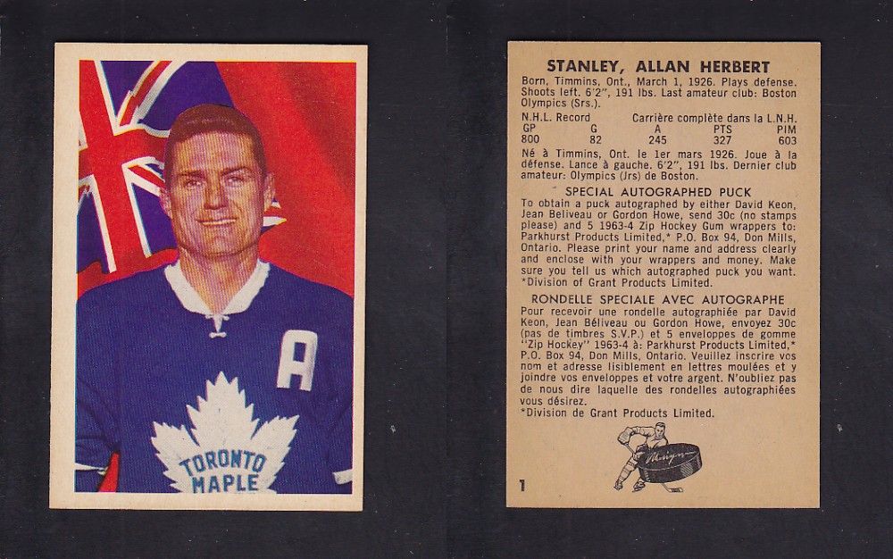 1963-64 PARKHURST HOCKEY CARD #1 A. STANLEY photo