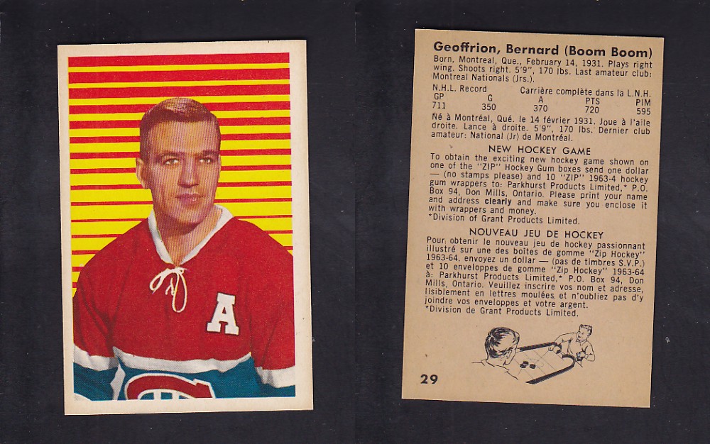 1963-64 PARKHURST HOCKEY CARD #29 B. GEOFFRION photo