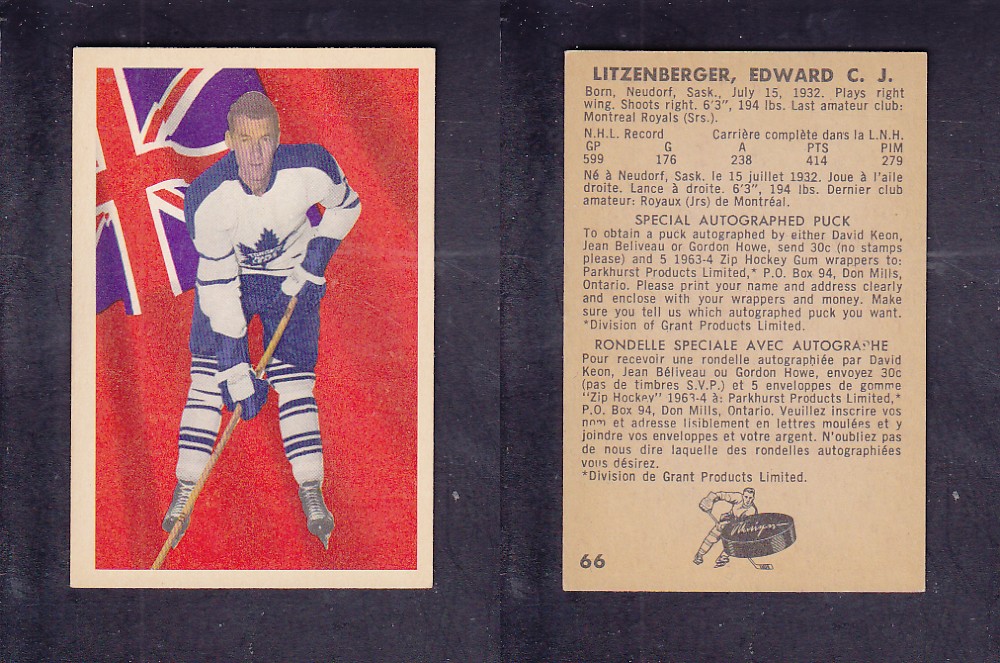 1963-64 PARKHURST HOCKEY CARD #66 E. LITZENBERGER photo