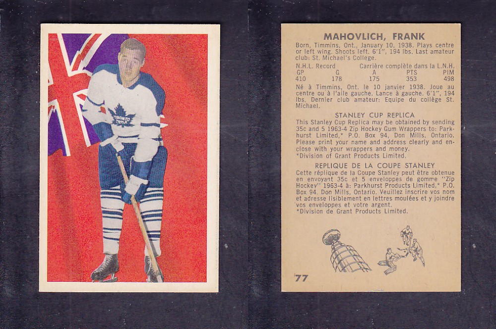 1963-64 PARKHURST HOCKEY CARD #77 F. MAHOVLICH photo