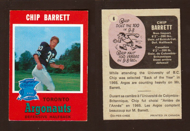 1971 CFL O-PEE-CHEE FOOTBALL CARD #6 C. BARRETT photo