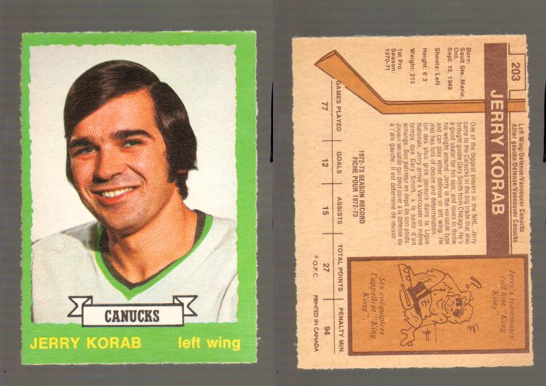 1973-74 O-PEE-CHEE CARD #203 J. KORAB photo