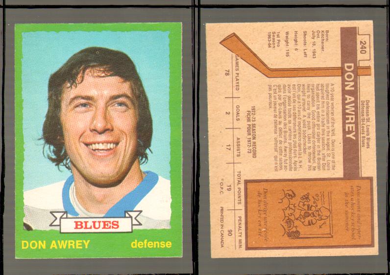 1973-74 O-PEE-CHEE CARD #240 D. AWREY photo