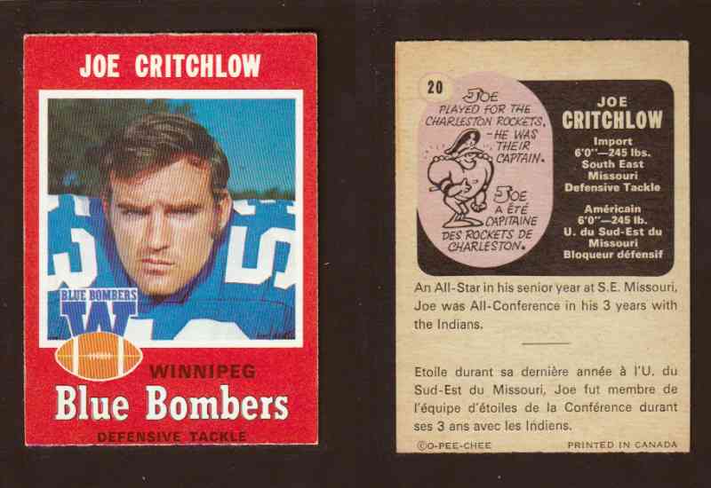 1971 CFL O-PEE-CHEE FOOTBALL CARD #20 J. CRITCHLOW photo