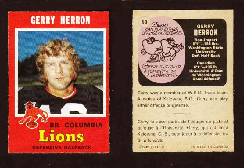 1971 CFL O-PEE-CHEE FOOTBALL CARD #40 G. HERRON photo