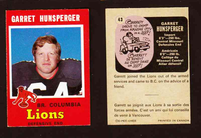 1971 CFL O-PEE-CHEE FOOTBALL CARD #43 G. HUNSPERGER photo