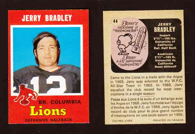 1971 CFL O-PEE-CHEE FOOTBALL CARD #44 J. BRADLEY photo