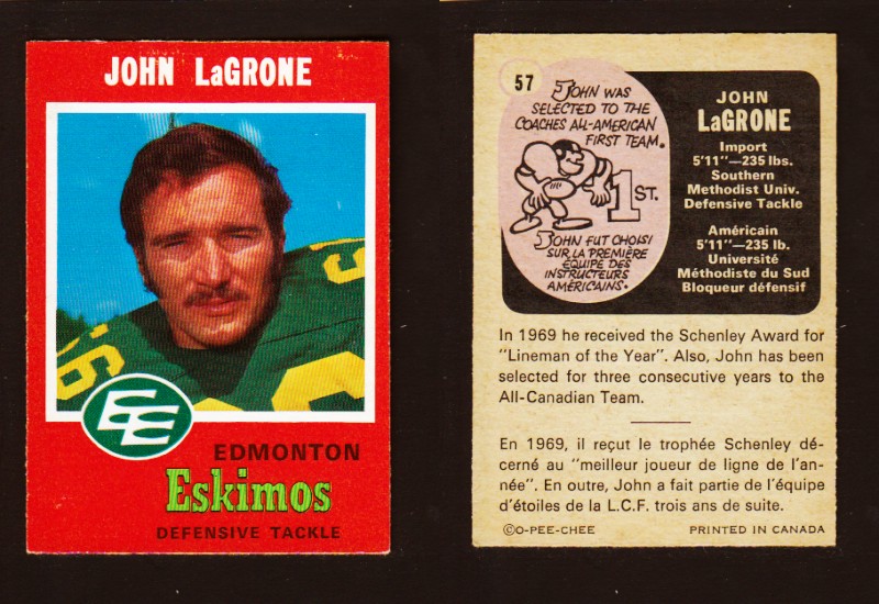 1971 CFL O-PEE-CHEE FOOTBALL CARD #57 J. LaGRONE photo