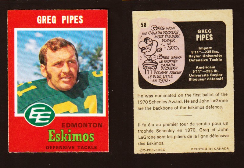 1971 CFL O-PEE-CHEE FOOTBALL CARD #58 G. PIPES photo