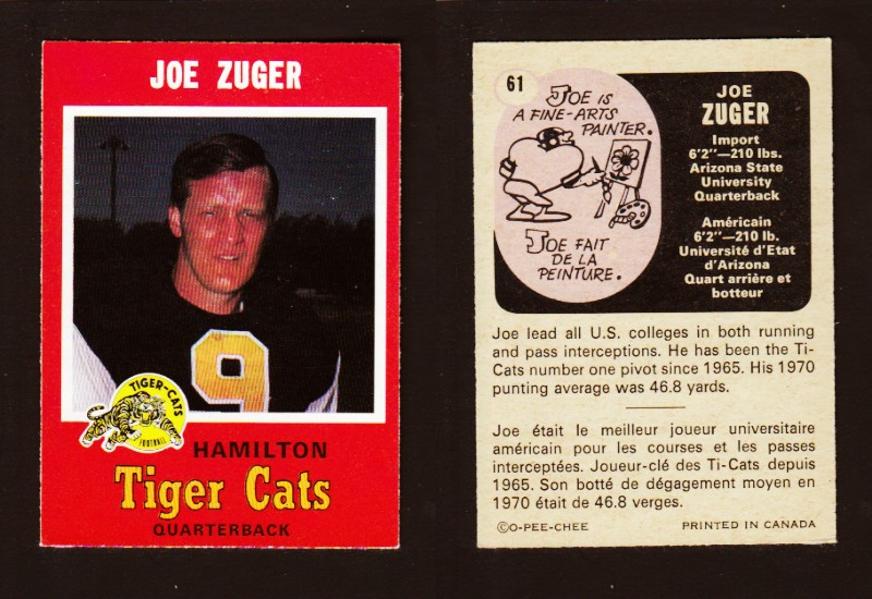 1971 CFL O-PEE-CHEE FOOTBALL CARD #61 J. ZUGER photo