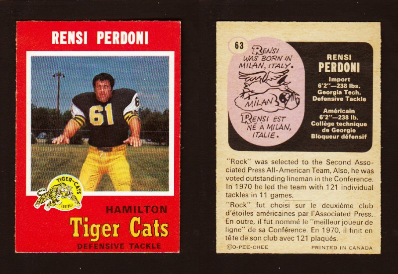 1971 CFL O-PEE-CHEE FOOTBALL CARD #63 R. PERDONI photo