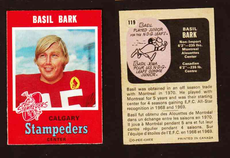 1971 CFL O-PEE-CHEE FOOTBALL CARD #119 B. BARK photo