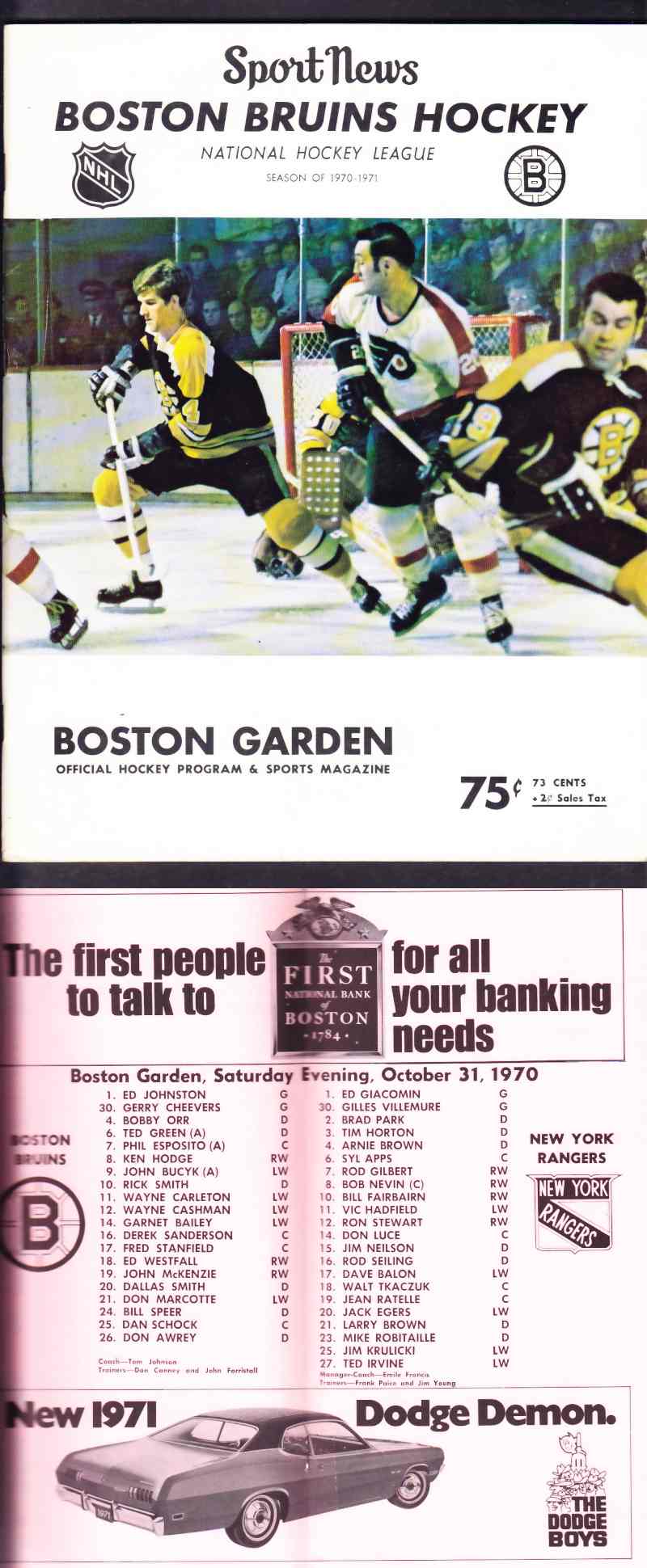 1970 BOSTON BRUINS PROGRAM B.ORR ON COVER photo