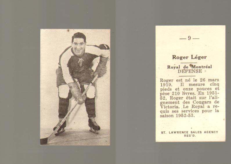 1952-53 ST. LAWRENCE SALES HOCKEY CARD #9 R. LEGER photo