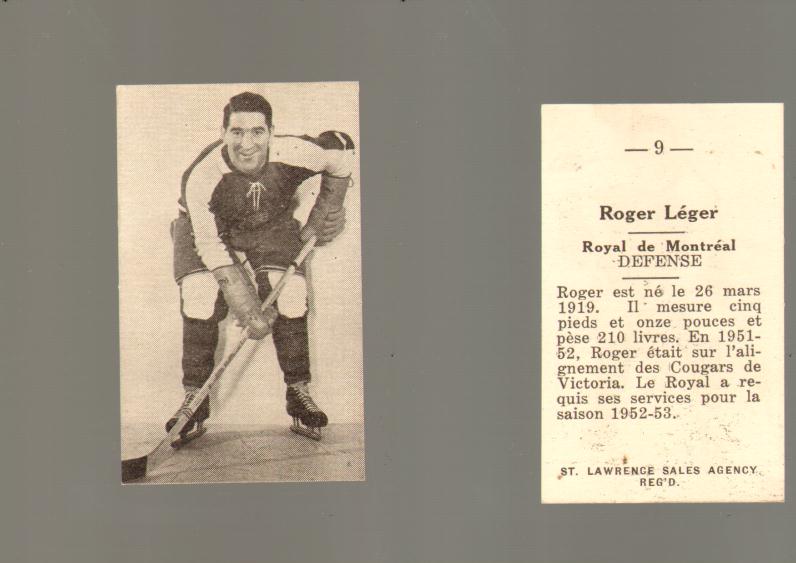 1952-53 ST. LAWRENCE SALES HOCKEY CARD #9 R. LEGER photo