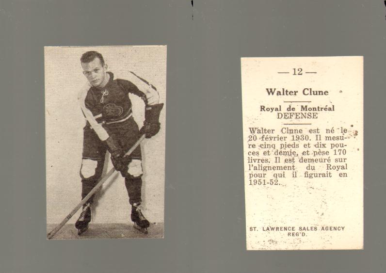 1952-53 ST. LAWRENCE SALES HOCKEY CARD #12 E. CLUNE photo