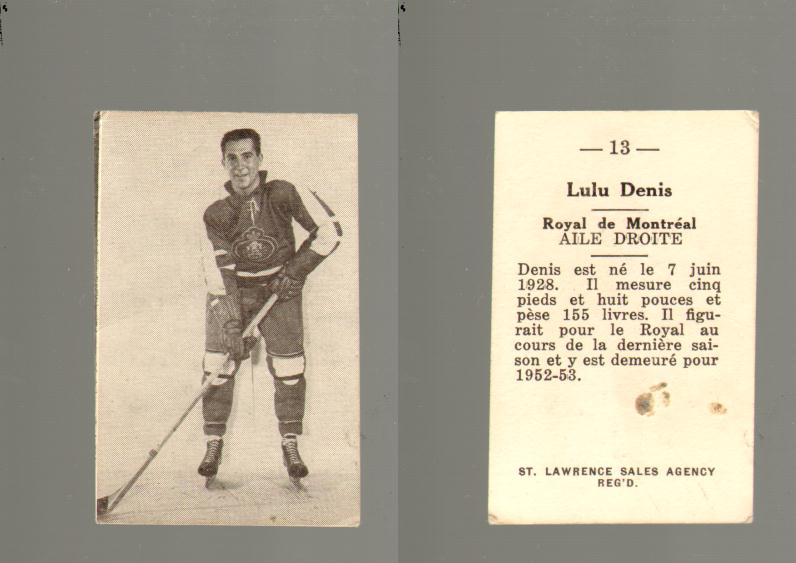 1952-53 ST. LAWRENCE SALES HOCKEY CARD #13 L. DENIS photo