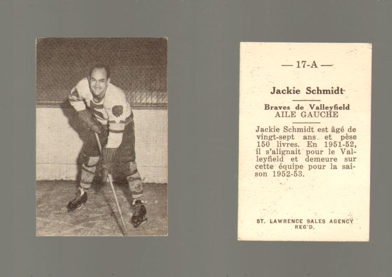 1952-53 ST. LAWRENCE SALES HOCKEY CARD #17-A J. SCHMIDT photo