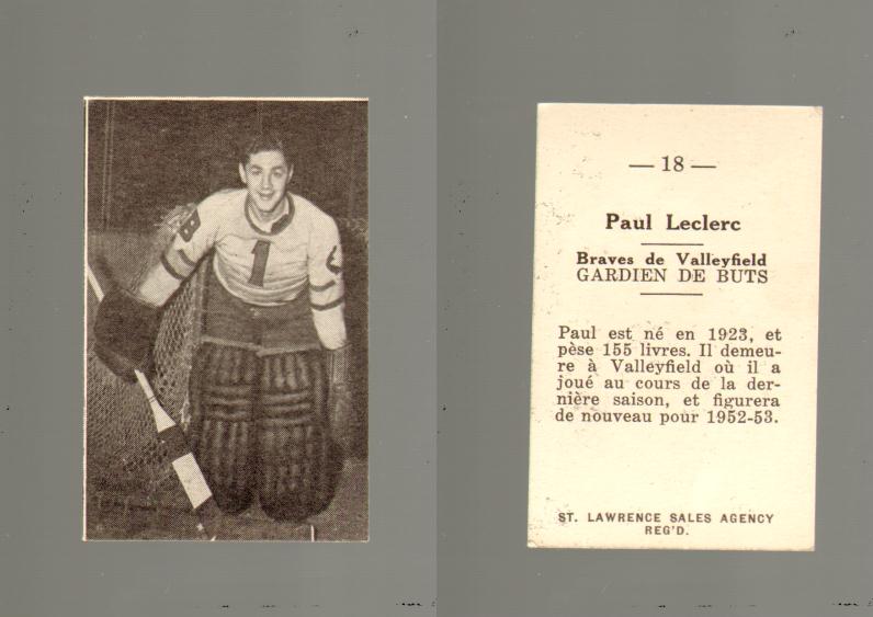 1952-53 ST. LAWRENCE SALES HOCKEY CARD #18 P. LECLERC photo