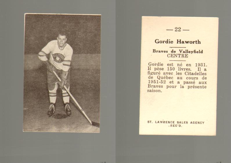 1952-53 ST. LAWRENCE SALES HOCKEY CARD #22 G. HAWORTH photo