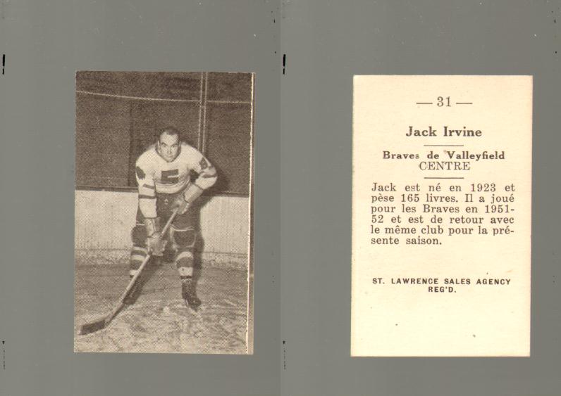 1952-53 ST. LAWRENCE SALES HOCKEY CARD #31 J. IRVINE photo