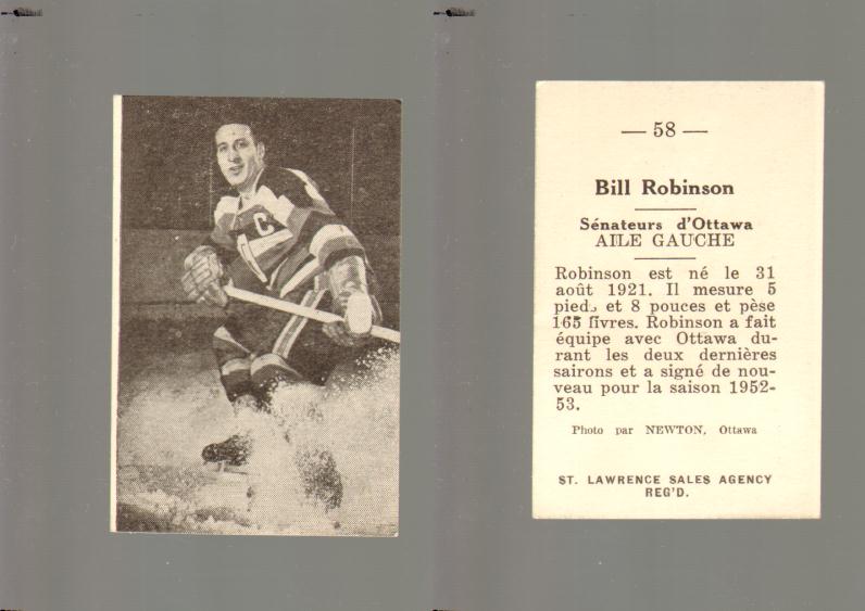 1952-53 ST. LAWRENCE SALES HOCKEY CARD #58 B. ROBINSON photo