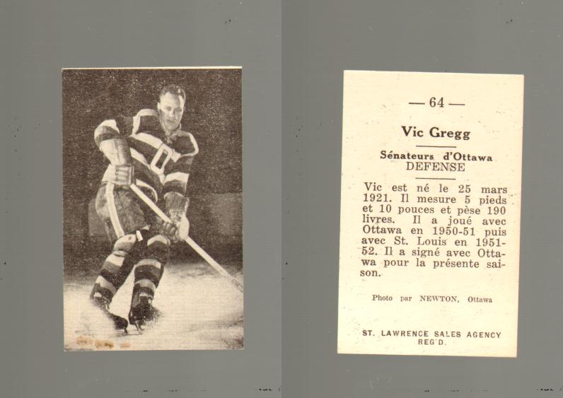 1952-53 ST. LAWRENCE SALES HOCKEY CARD #64 V. GREGG photo